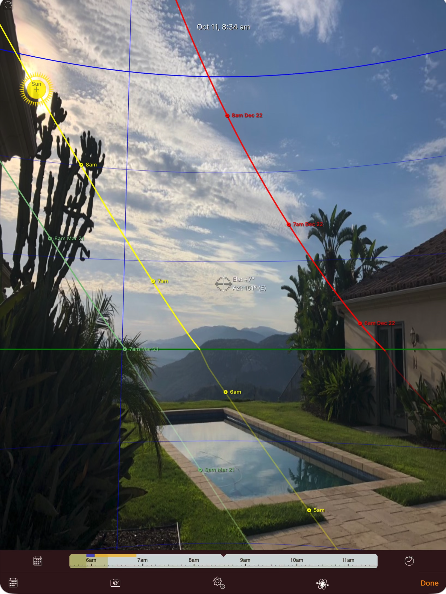 Interface Sun Seeker montrant la course du soleil en réalité augmentée au-dessus d’un jardin